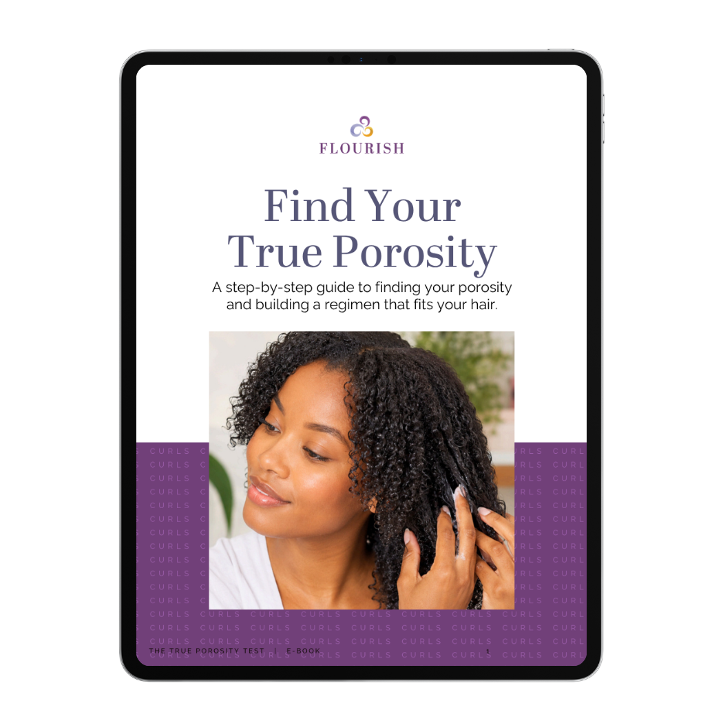 A digital guide cover for 'Find Your True Porosity' by Flourish, displayed on a tablet screen mockup. The cover features a white top half with purple text and a photo of a black woman with curly hair, and a purple patterned bottom section.