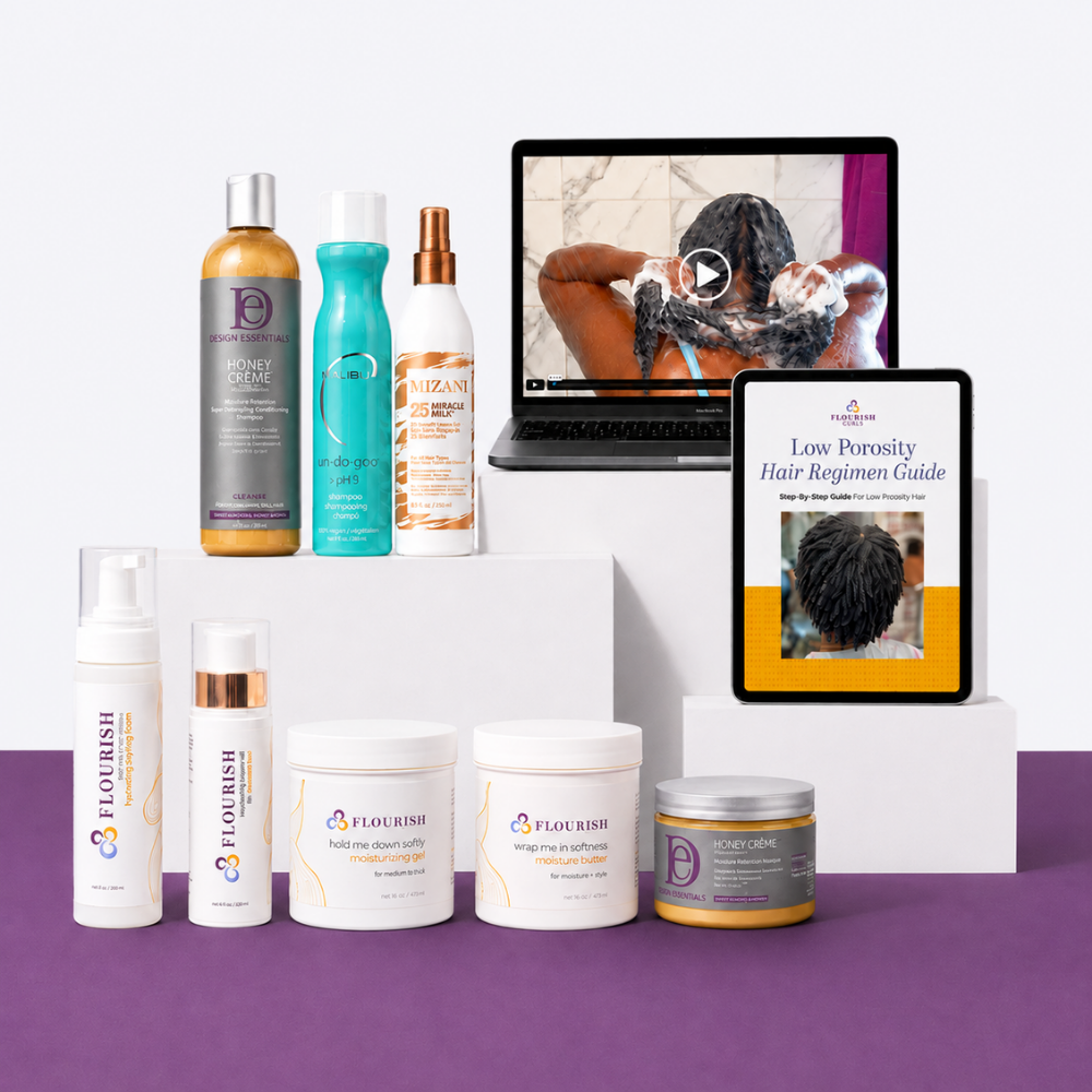 A curated collection of low porosity hair care products and a digital guide displayed on tablets and shelves against a white and purple background. Visible items include multiple white and clear bottles and jars from Flourish Curls, Mizani, Design Essentials, and Malibu, a black hairbrush, and a laptop showing a hair regimen video.