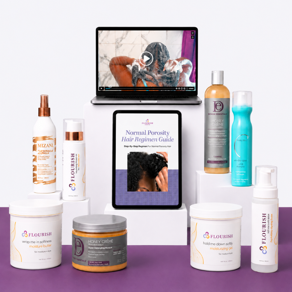 A curated collection of normal porosity hair care products and a digital guide displayed on tablets and shelves against a white and purple background. Visible items include multiple white and clear bottles and jars from Flourish Curls, Mizani, Design Essentials, and Malibu, a black hairbrush, and a laptop showing a hair regimen video.